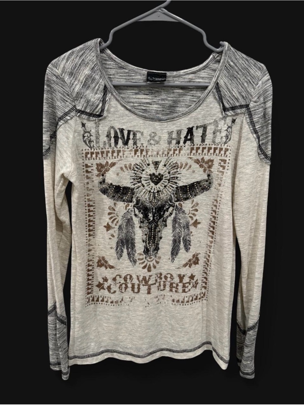Y2K Daytrip Cowboy Embellished Long Sleeve Raglan Top Large Western Grunge